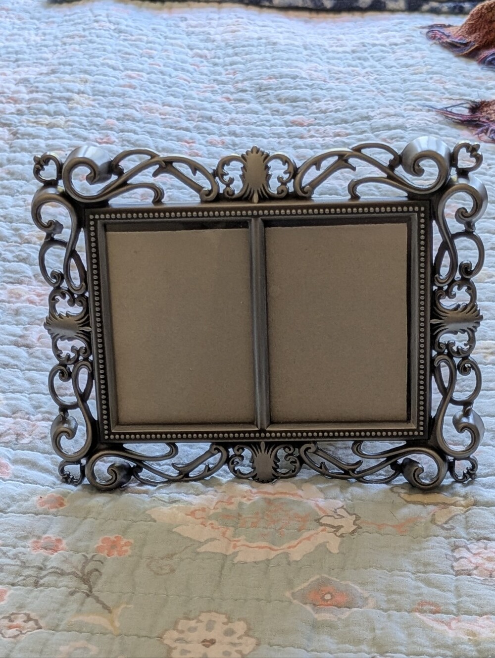 Ornate Double Photo Frame in Silver Tone Elegant 2x3 Scroll